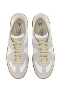 Maison Margiela men’s replica sneaker white with white and light gray suede, beige laces, and tan rubber sole