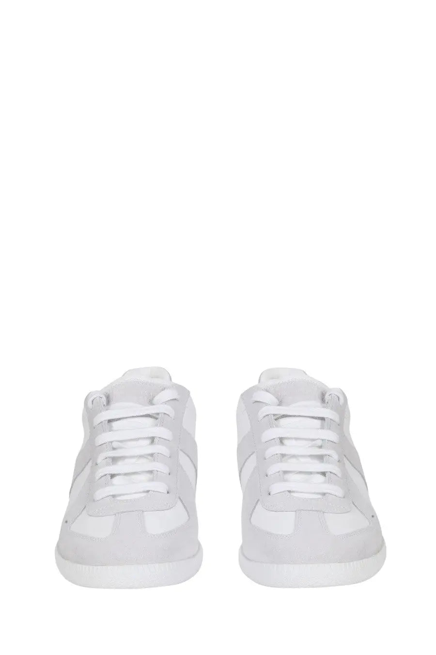 Maison Margiela men’s replica white low-top sneakers with suede and canvas blend, white laces, and matching soles