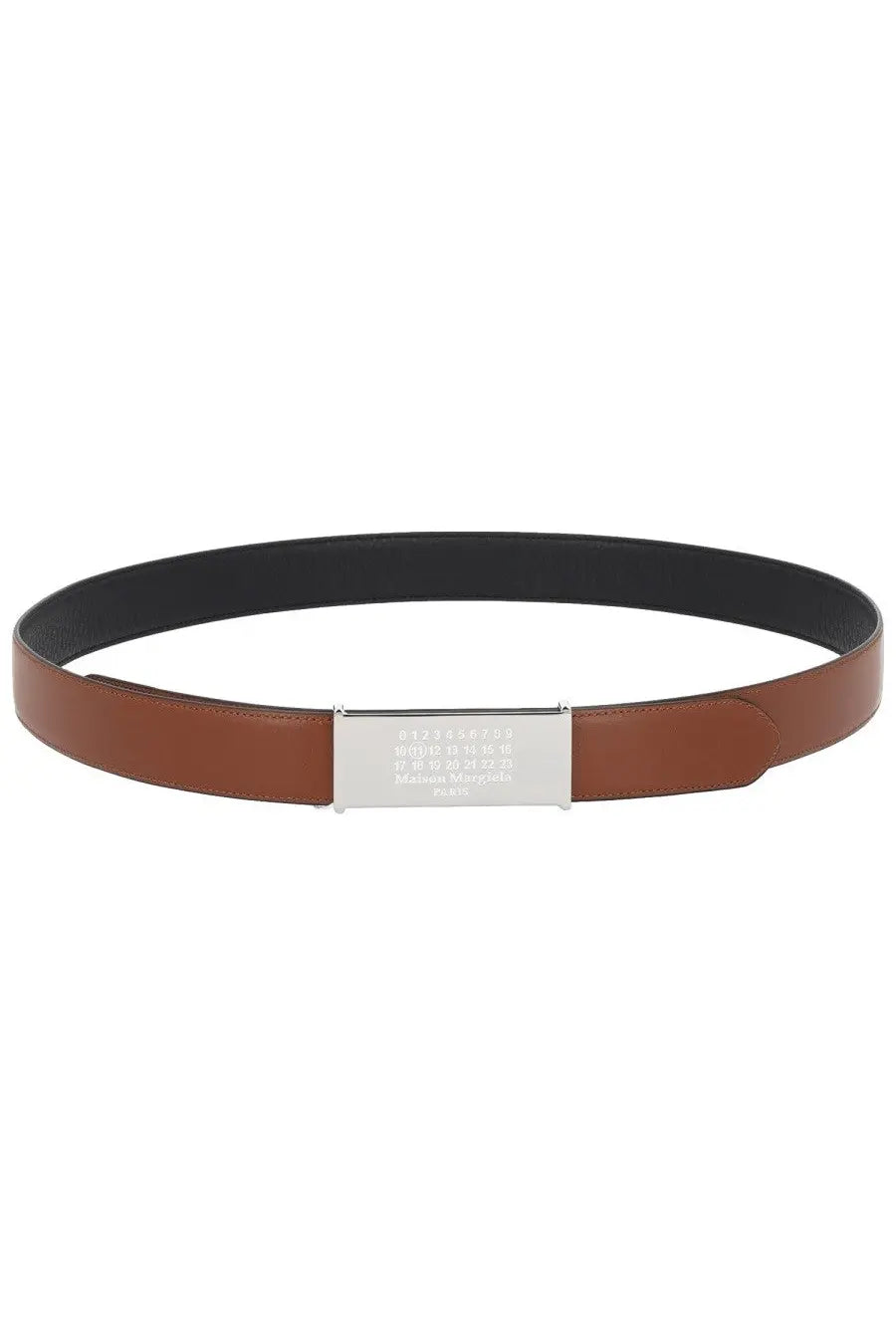 Maison Margiela men’s reversible belt brown leather with silver-toned rectangular buckle engraved text