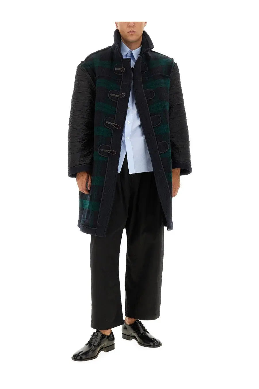 Maison Margiela men’s reversible black and green plaid quilted duffle coat with toggle closures and blue lining