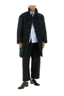 Maison Margiela men’s reversible black and green plaid quilted duffle coat with toggle closures and blue lining