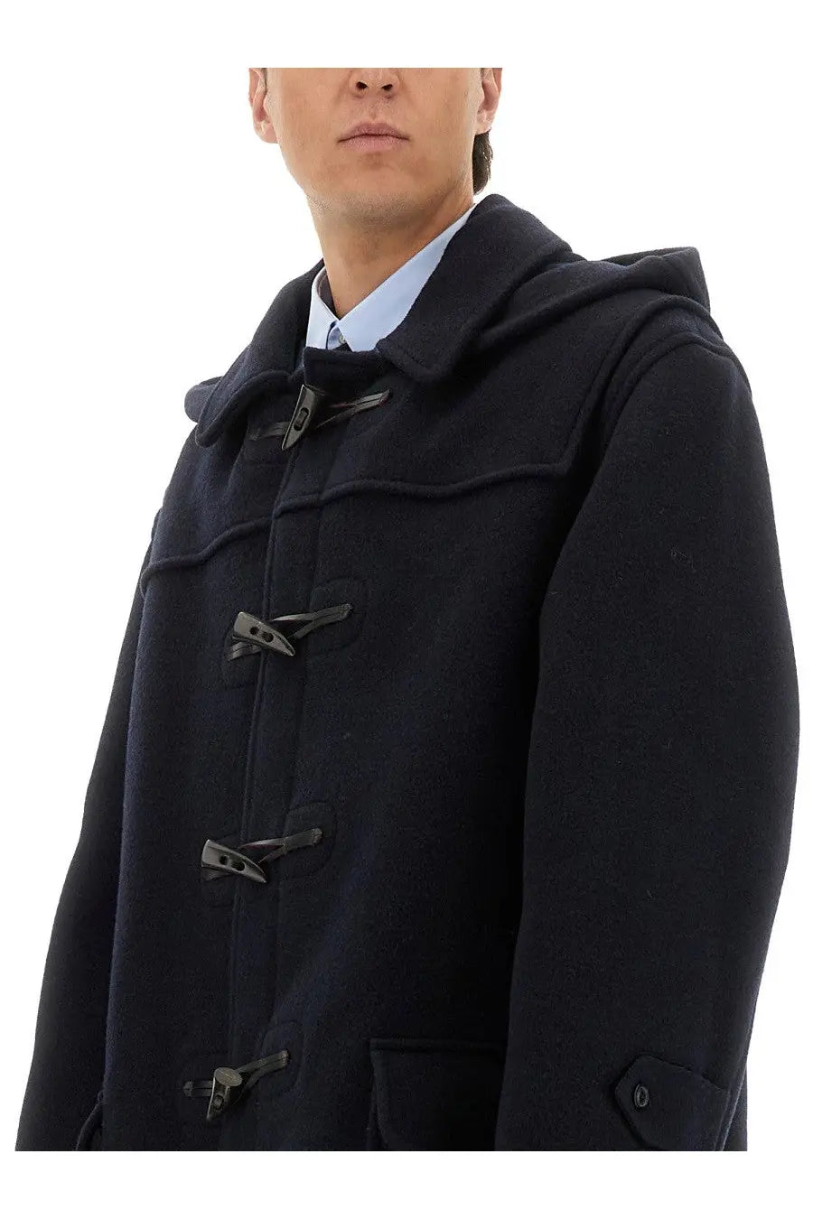 Black wool duffle coat with dark metal toggle closures from maison margiela men’s reversible coat blue collection