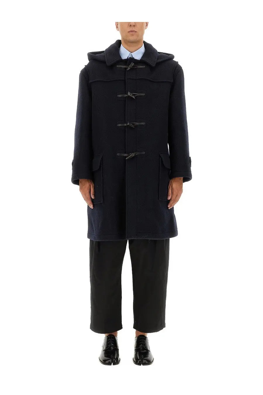 Black wool duffle coat with hood and toggle closures from maison margiela men’s reversible blue coat collection