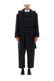 Black wool duffle coat with hood and toggle closures from maison margiela men’s reversible blue coat collection