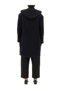 Maison Margiela men’s reversible coat blue with a black woolen hooded coat and classic tailored silhouette