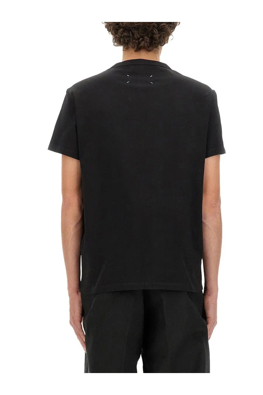 Maison margiela men’s black short-sleeved cotton shirt with distinctive white stitching at the neckline