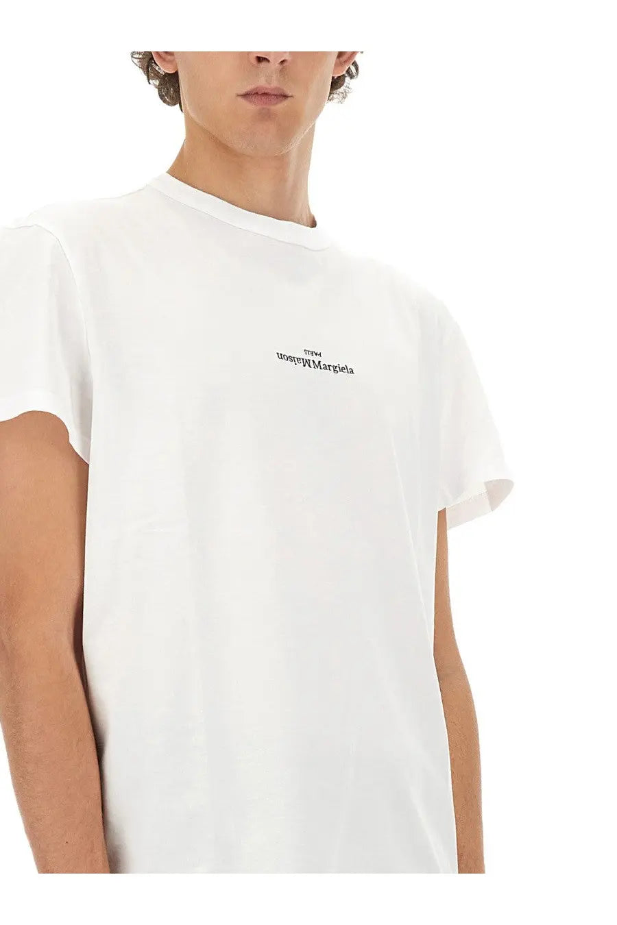 Maison Margiela men’s white cotton t-shirt with a small black embroidered logo on the chest