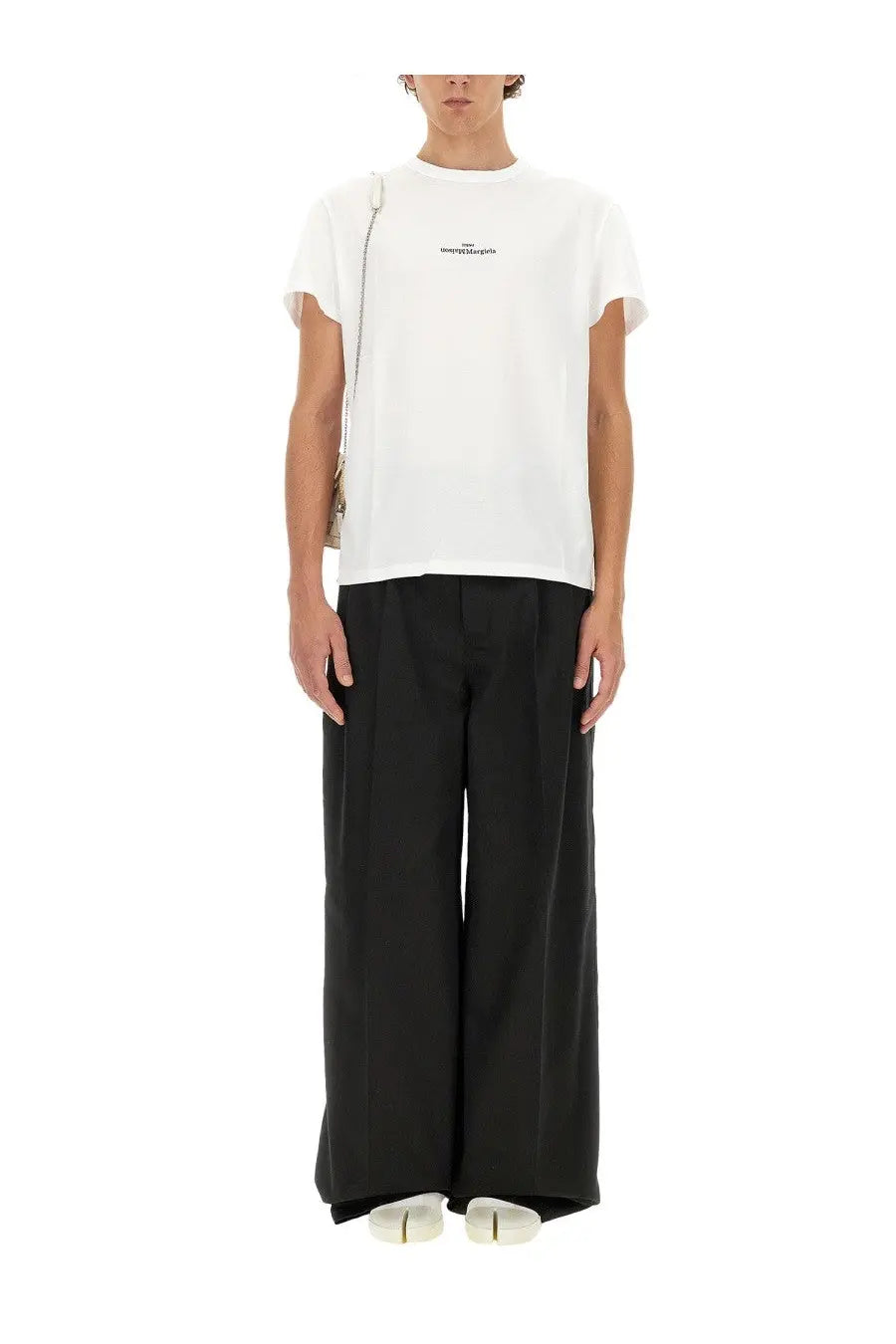 Maison Margiela men’s white cotton t-shirt with short sleeves and minimalist black text logo on chest