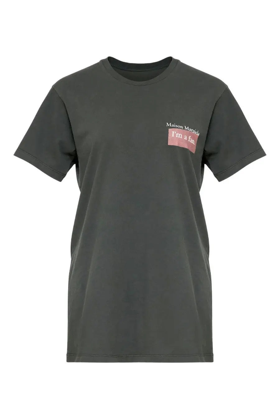 Dark olive green cotton maison margiela men’s shirt with a pink patch printed with maison margiela and i’m a fan