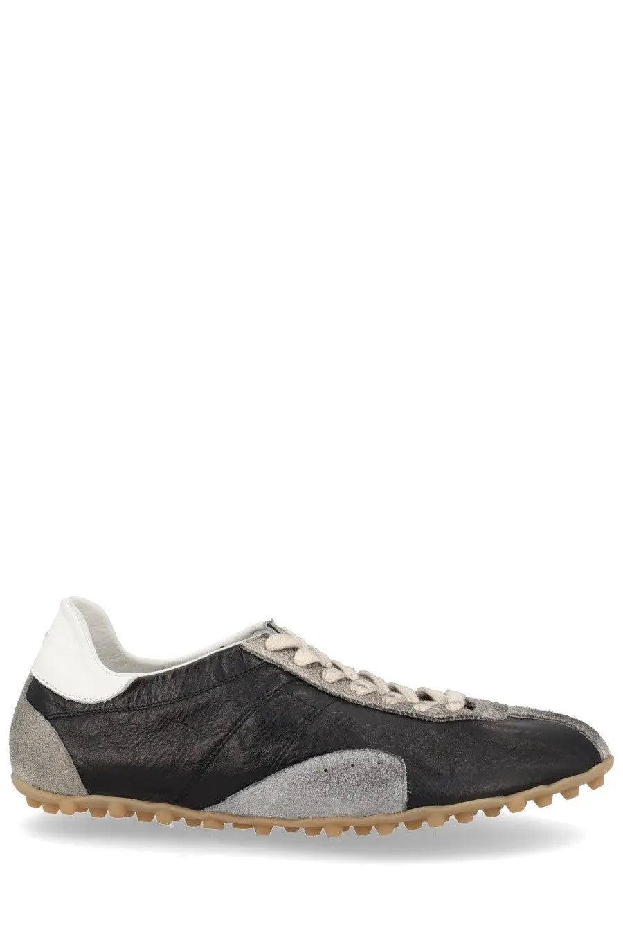 Maison Margiela men’s sneaker sprinters in black and gray suede with white laces and tan rubber sole