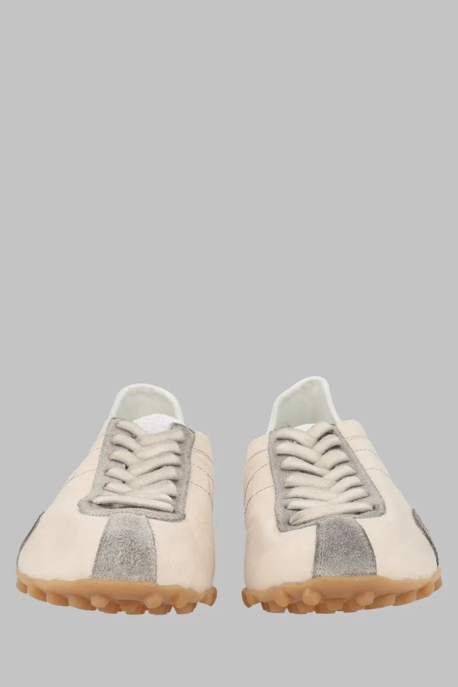 Maison Margiela men’s sneaker sprinters cream suede with silver metallic stripes and tan rubber sole front view