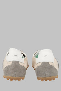 Maison Margiela men’s sneaker sprinters in white and gray suede and leather with tan rubber low-top sole