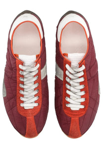Maison Margiela men’s sneaker sprinters red maroon quilted sneakers with orange suede accents and silver metallic stripes