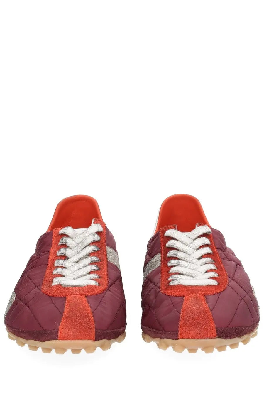 Maison Margiela men’s sneaker sprinters red maroon quilted sneakers with orange suede accents and silver stripes