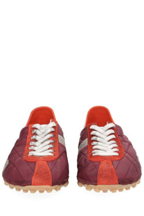 Maison Margiela men’s sneaker sprinters red maroon quilted sneakers with orange suede accents and silver stripes