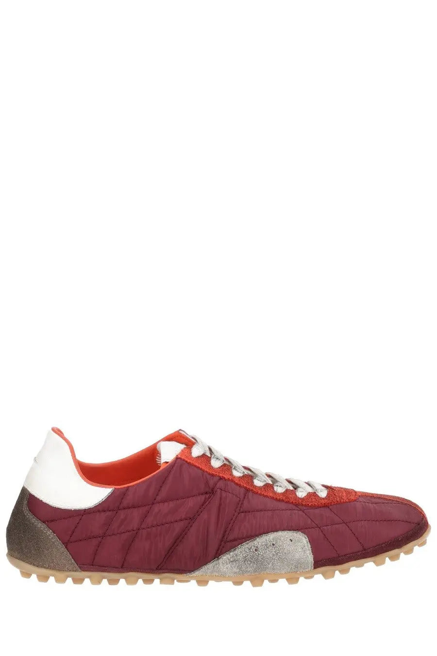 Maison Margiela men’s sneaker sprinters red maroon quilted with white silver accents orange lining textured sole