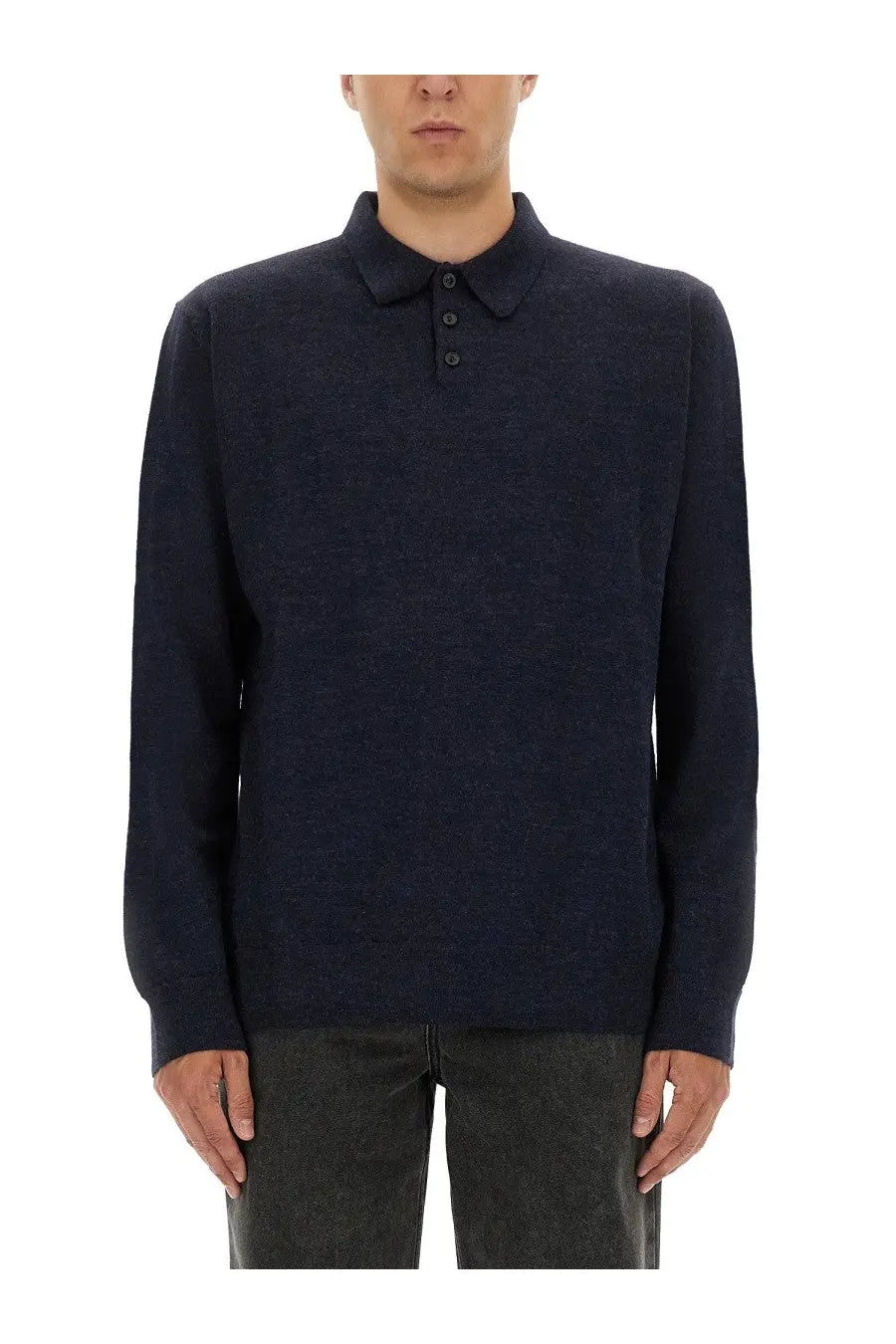 Maison Margiela men’s wool polo shirt in dark navy blue knit with subtle textured pattern and three matching buttons