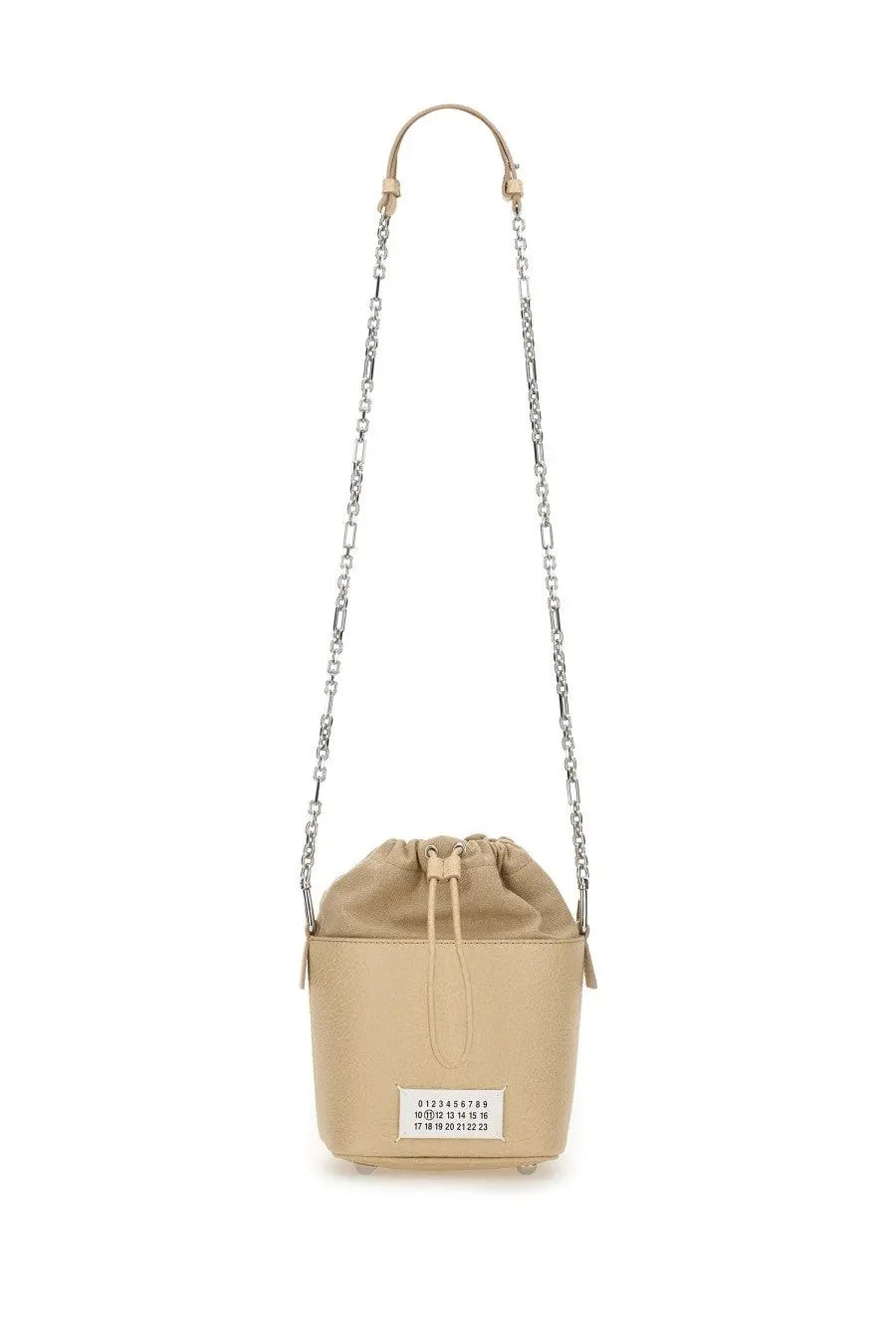 Maison Margiela unisex beige leather bucket bag with silver chain strap and white label with black numbers