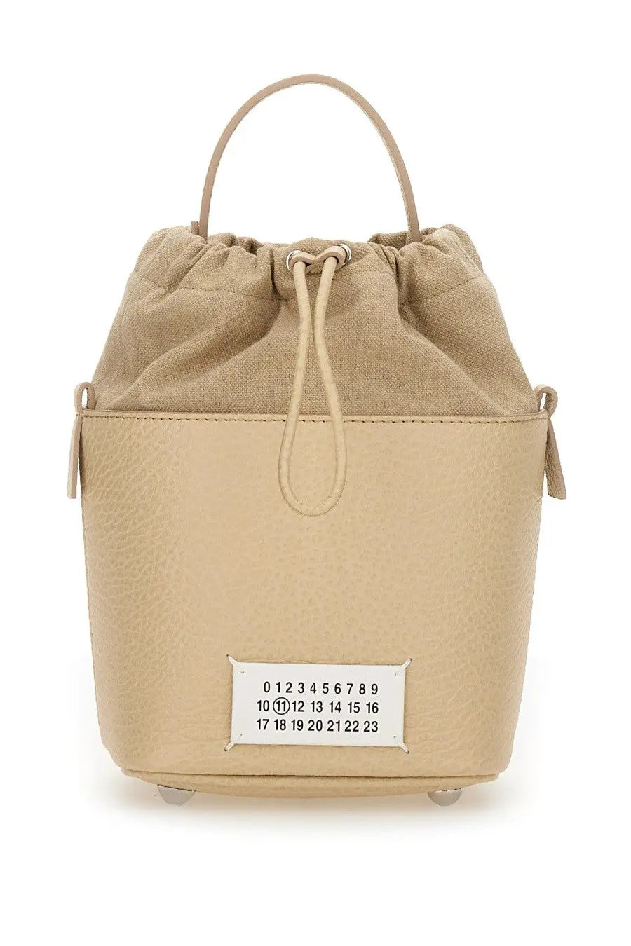 Maison Margiela unisex bucket bag beige with textured leather body canvas top and white label showing numbered sequences