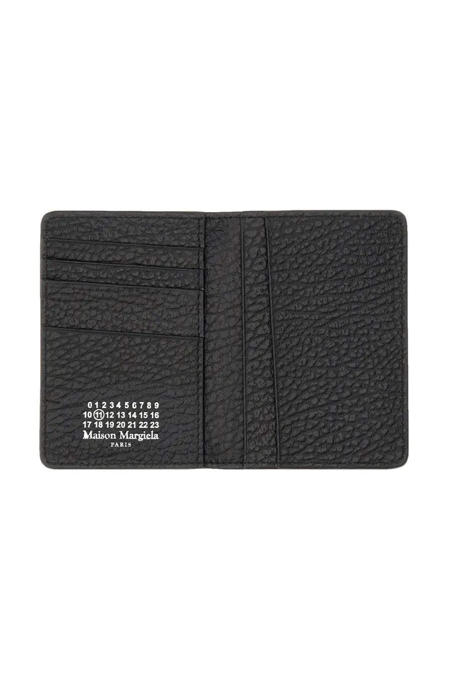 Black textured leather Maison Margiela unisex card holder with white printed numbers and Paris branding