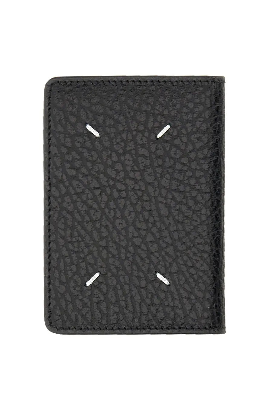 Maison Margiela unisex card holder black textured leather wallet with white stitching minimalist face design