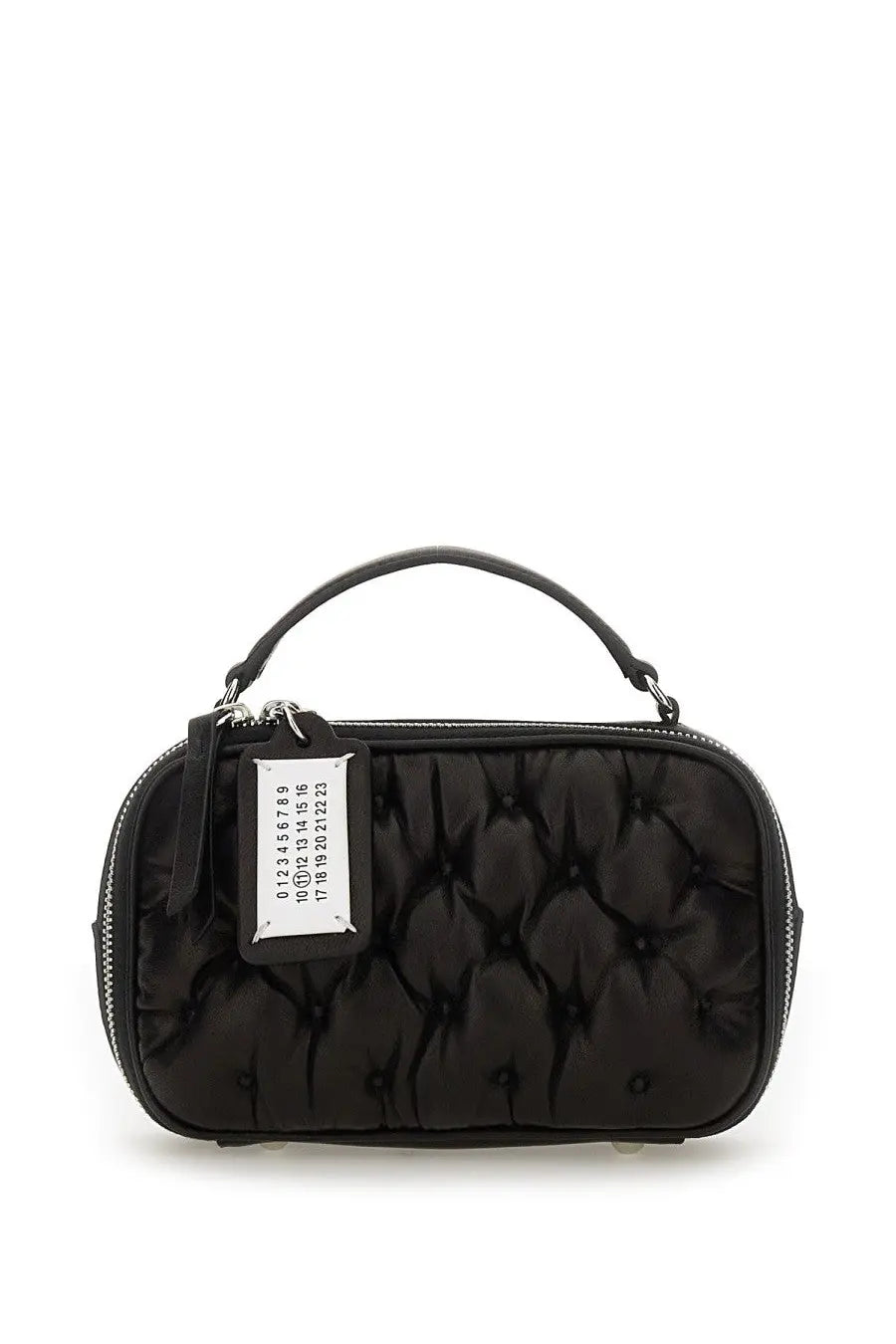 Maison Margiela unisex glam slam black quilted handbag with silver zipper and white label featuring black numbers