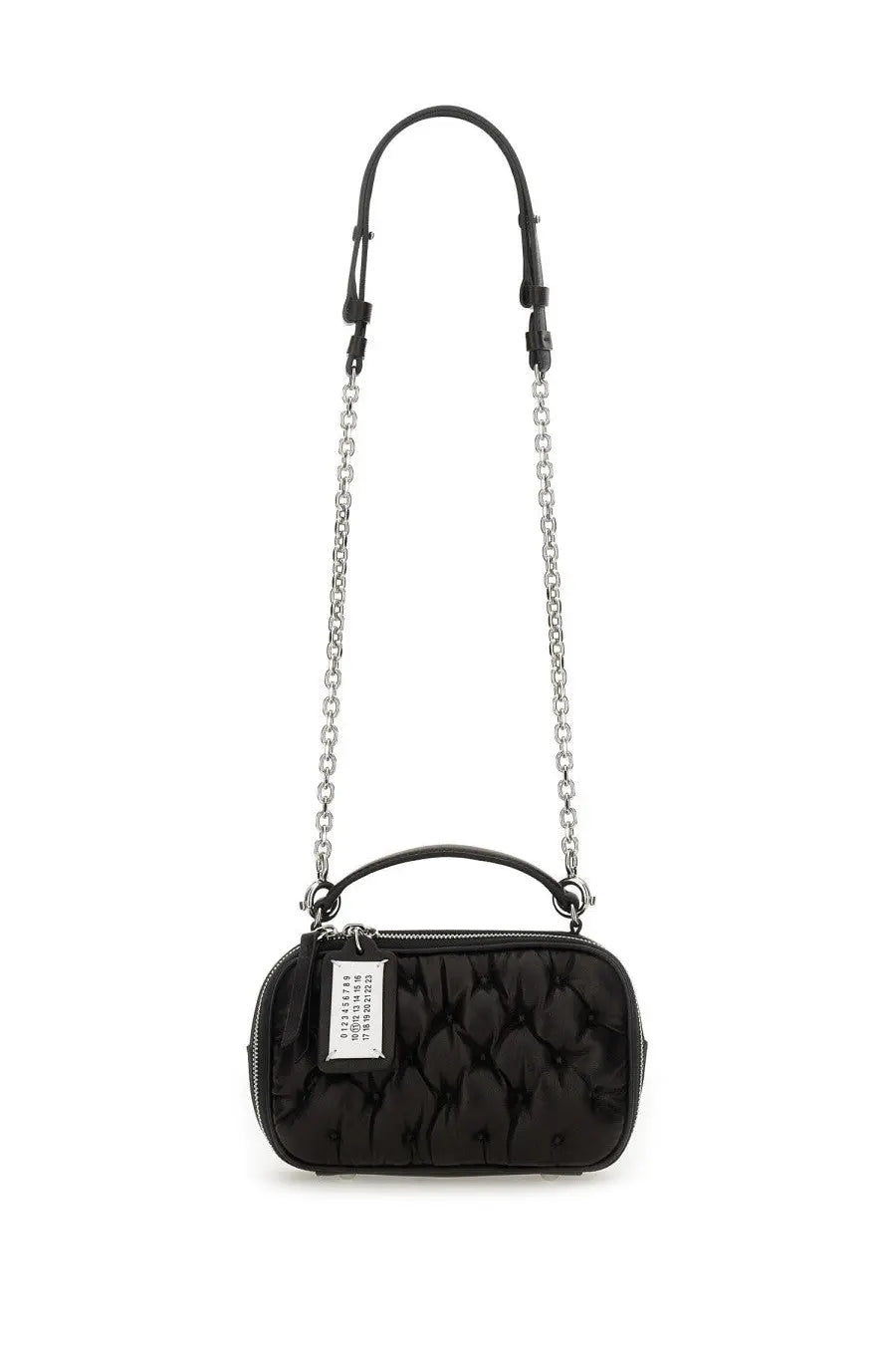 Maison Margiela unisex glam slam black quilted leather bag with silver chain strap and minimalist label tag