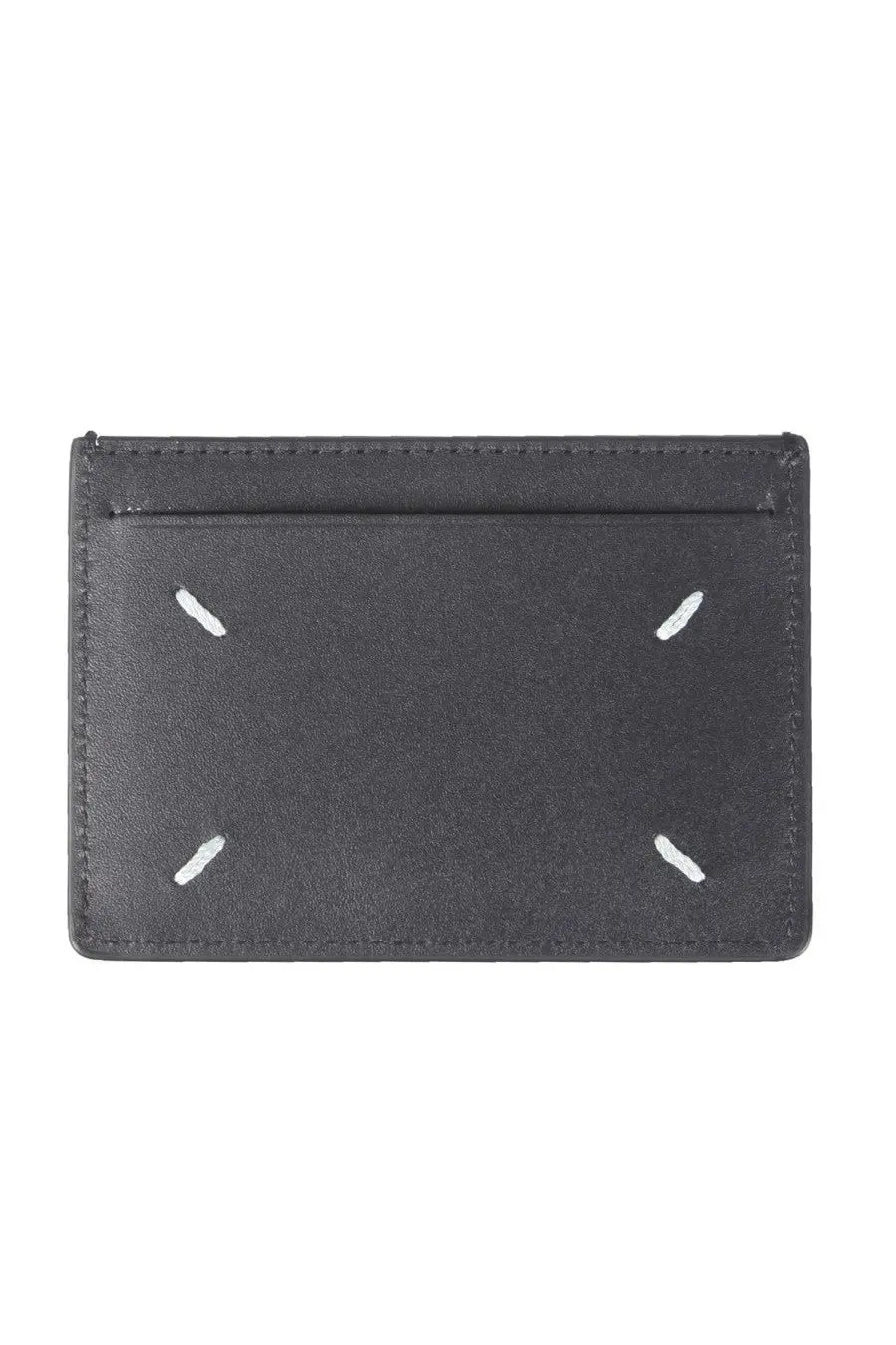 Maison Margiela unisex black leather card holder with white stitching forming a minimalist cross pattern