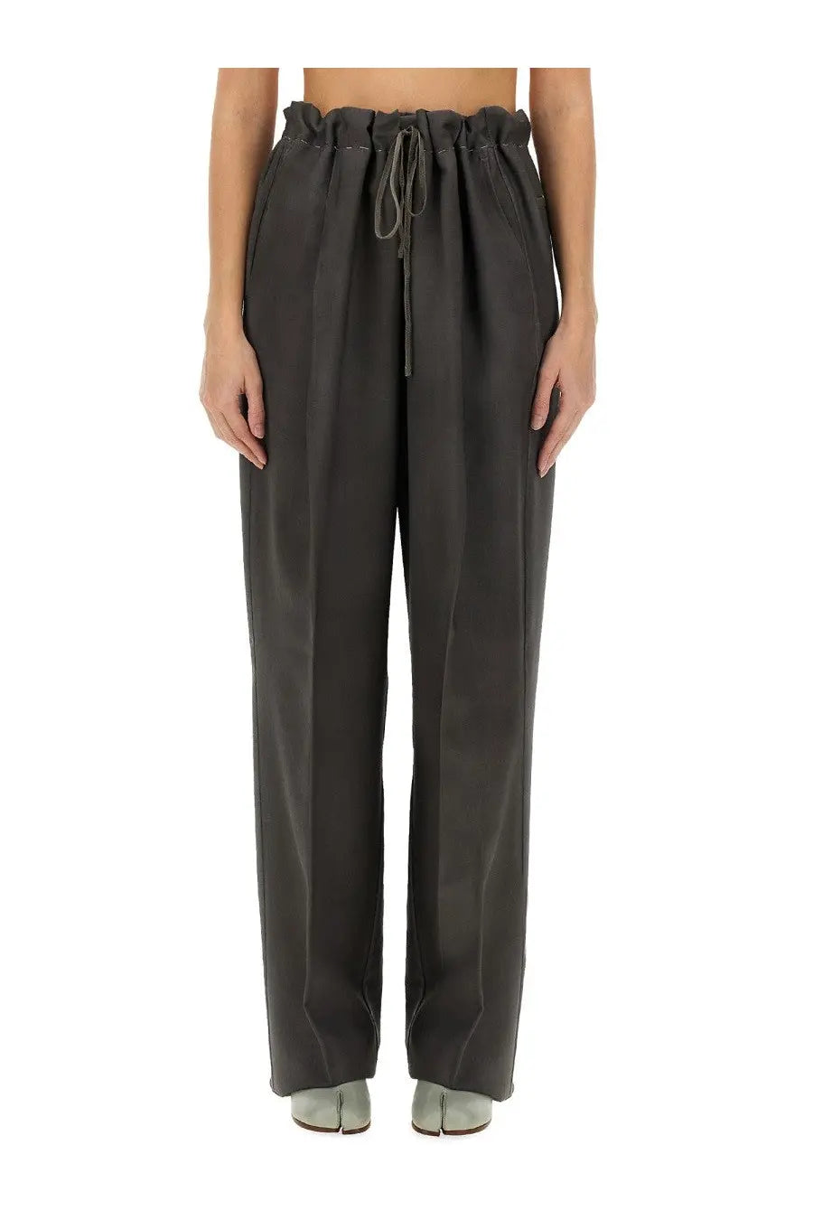 Maison Margiela unisex dark gray wool and mohair high-waisted trousers with a drawstring and straight-leg cut