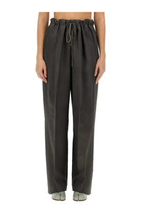 Maison Margiela unisex dark gray wool and mohair high-waisted trousers with a drawstring and straight-leg cut