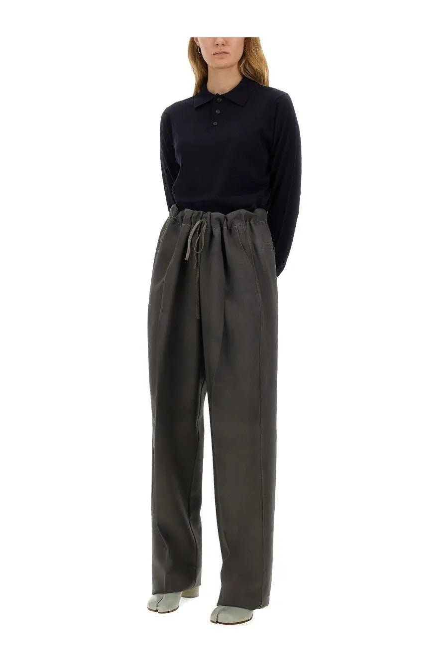 Maison Margiela unisex dark gray wide-leg wool and mohair pants with a drawstring waistband