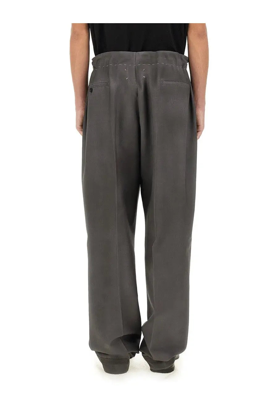 Maison Margiela unisex wool and mohair dark gray wide-leg trousers with relaxed fit and subtle waistband stitching