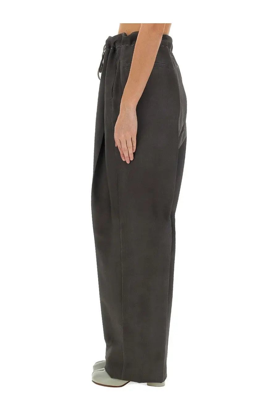 Maison Margiela unisex dark gray wide-leg wool and mohair pants with a drawstring waistband