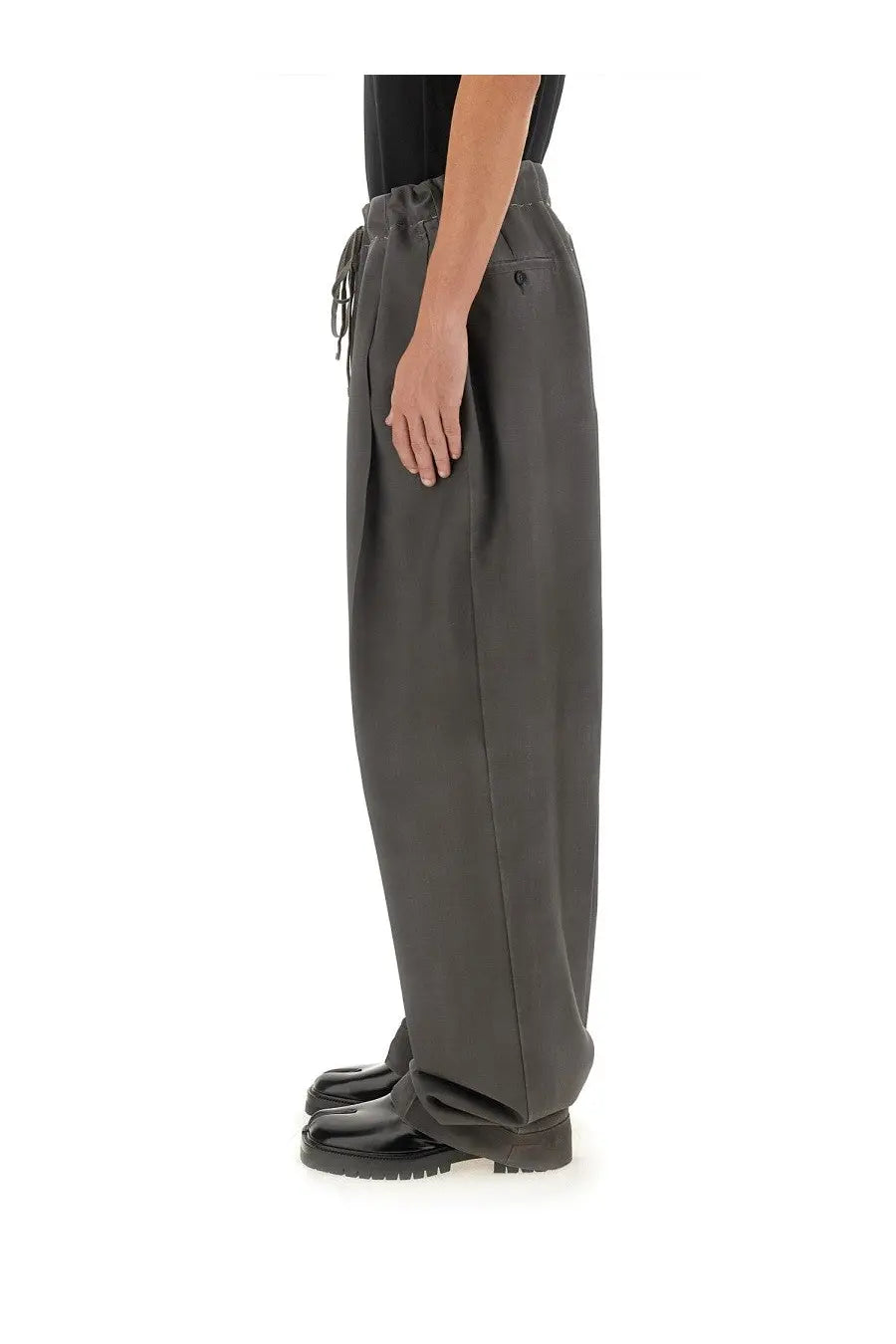 Maison Margiela unisex grey wool and mohair wide-leg trousers with drawstring waist and subtle side pockets