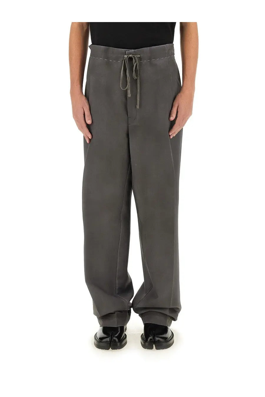Maison Margiela unisex dark gray wide-leg wool and mohair pants with a drawstring waistband