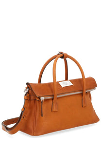 Maison Margiela women’s tan leather handbag with top handles detachable shoulder strap and silver zippers medium brown