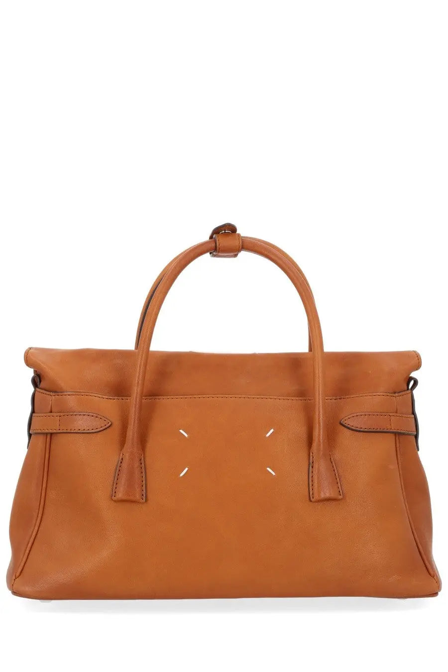 Maison Margiela women’s medium brown tan leather 5AC Loved to Death handbag with top handles and white stitching details