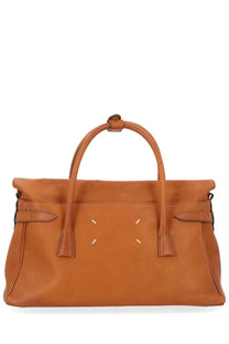 Maison Margiela women’s medium brown tan leather 5AC Loved to Death handbag with top handles and white stitching details