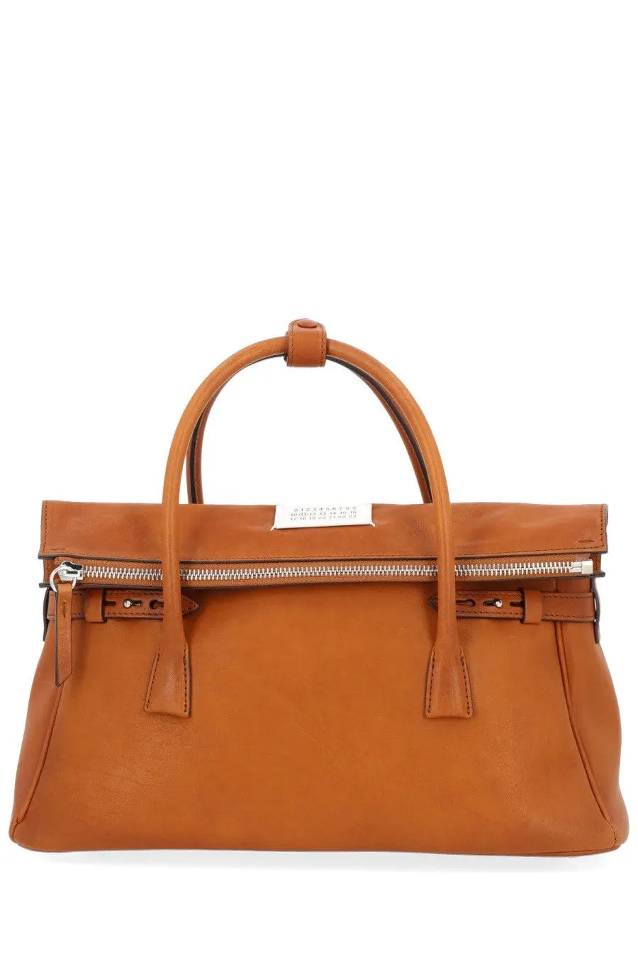 Maison Margiela women’s tan leather tote bag with top handle and front zipper closure medium brown 5AC model
