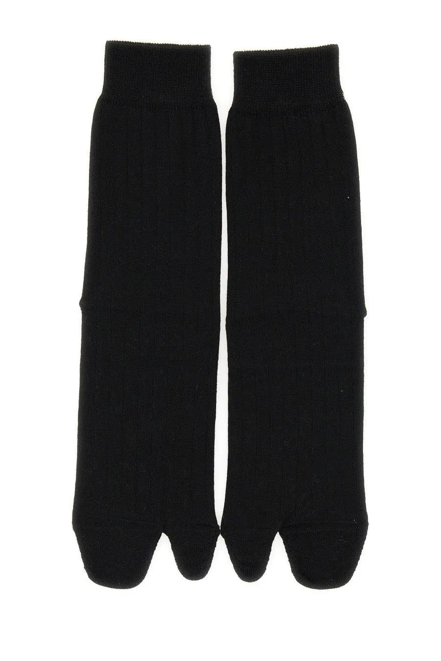 A pair of maison margiela women’s black ribbed knit toe separated socks made from soft fabric