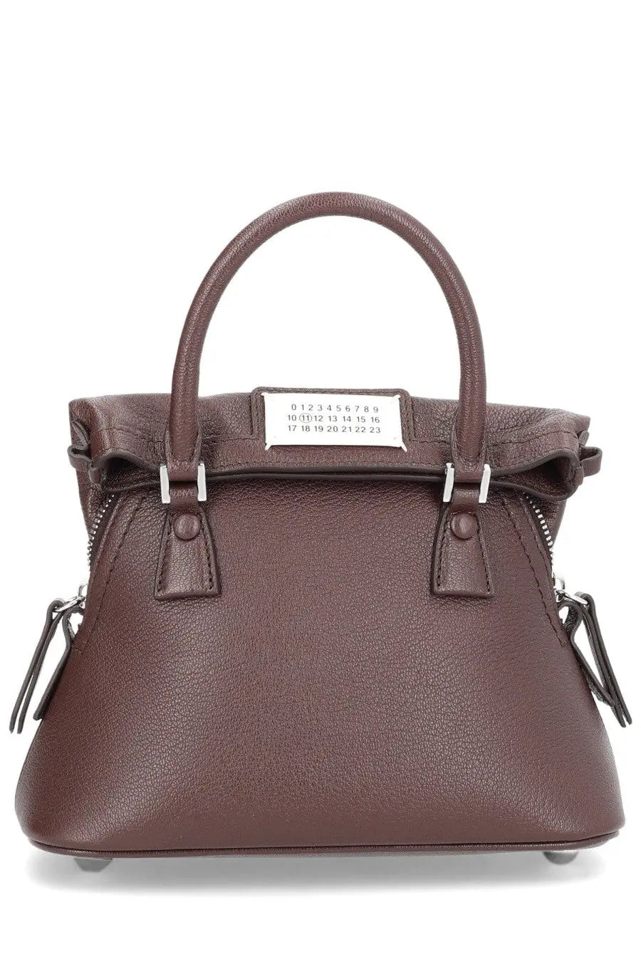 Maison Margiela women’s classique brown leather handbag with textured surface silver hardware and white numerical label