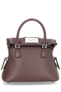 Maison Margiela women’s classique brown leather handbag with textured surface silver hardware and white numerical label