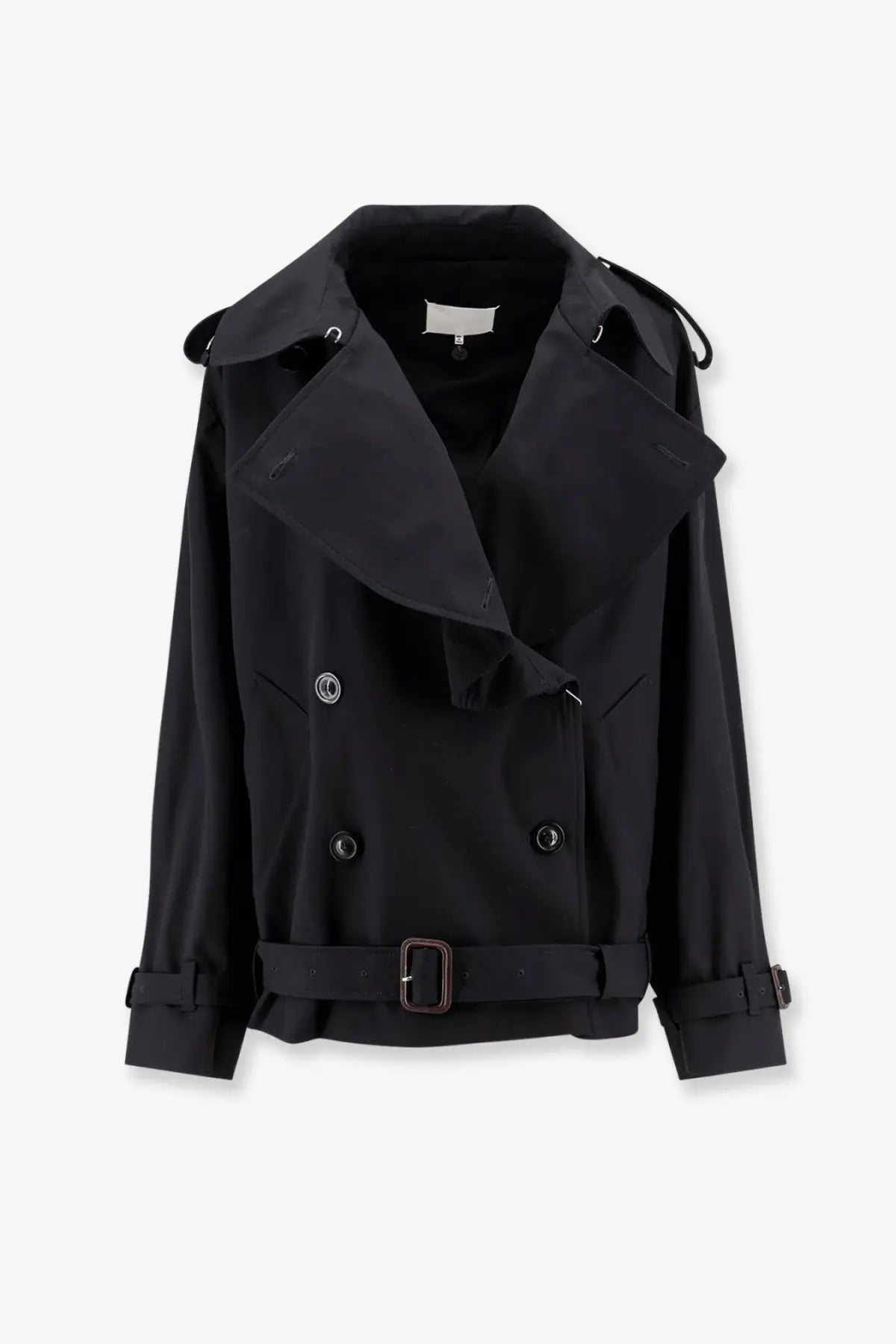 Maison Margiela women’s black cotton blend mini trench coat with double-breasted front, structured collar, and belted waist