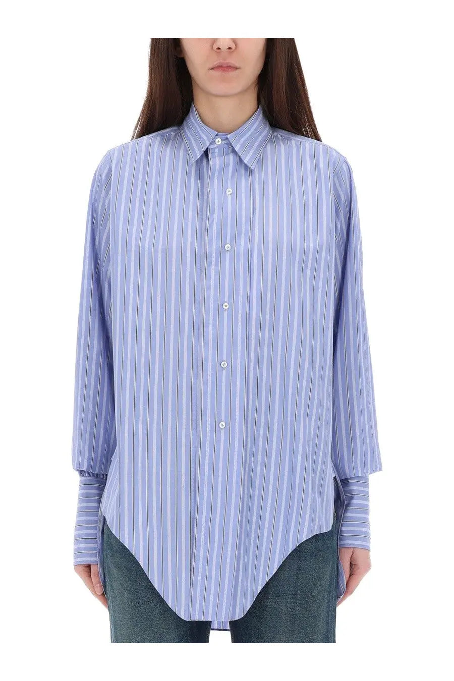 Maison Margiela women’s cotton shirt in light blue and white vertical stripes with a classic collar