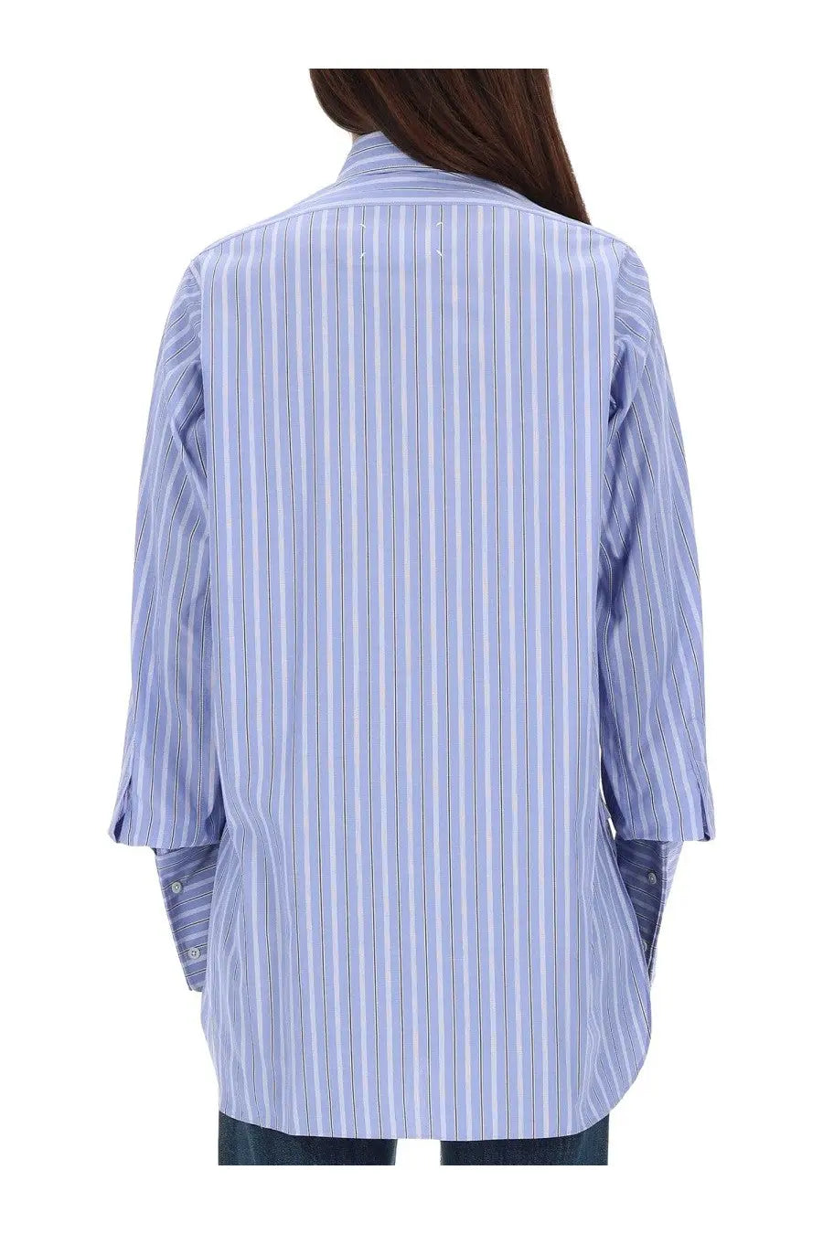 Maison Margiela women’s cotton shirt in light blue and white vertical stripes with three quarter sleeves