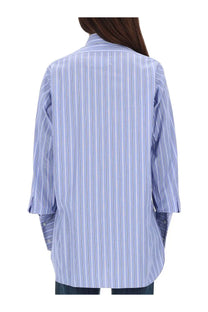 Maison Margiela women’s cotton shirt in light blue and white vertical stripes with three quarter sleeves