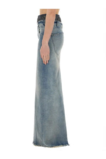 Maison Margiela women’s light-wash denim maxi skirt with high-rise elastic waistband and frayed hem in blue