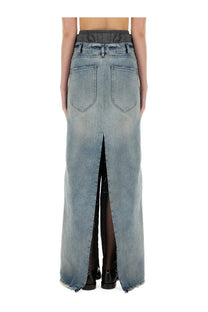 Light-wash denim maxi skirt by Maison Margiela with high waist front slit and frayed hem in anonymity of the lining blue