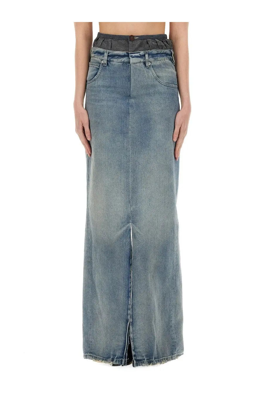 Maison margiela women’s long light-wash denim maxi skirt with high waistband and frayed hem in anonymity of the lining blue
