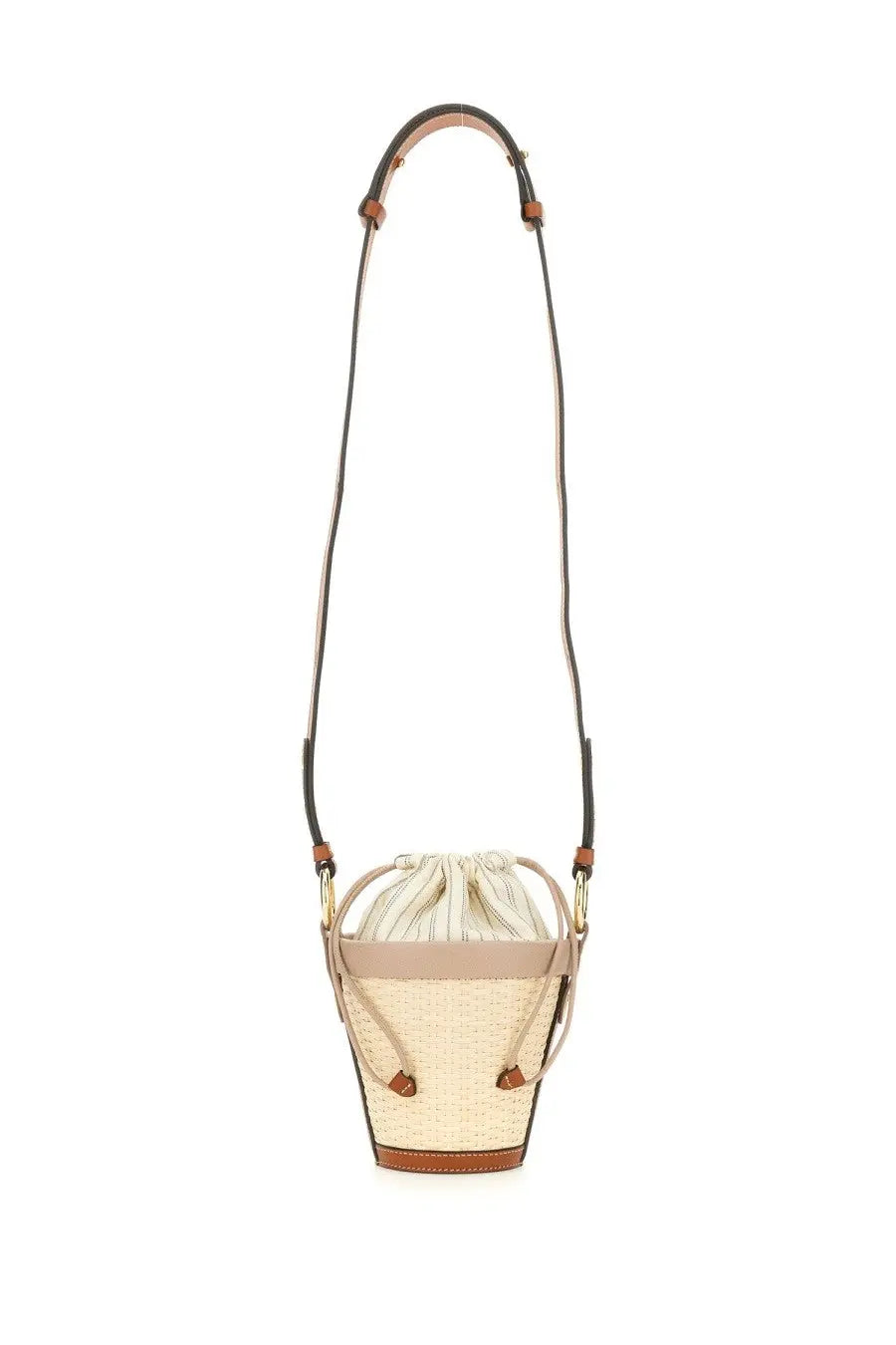 Maison Margiela women’s fire bucket bag beige and brown woven with drawstring closure and leather accents